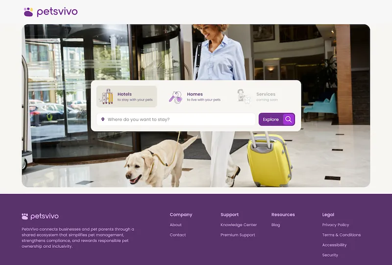 The PetCompass directory: a hotel-lobby hero with Hotels, Homes, and Services tabs above a where-do-you-want-to-stay search bar