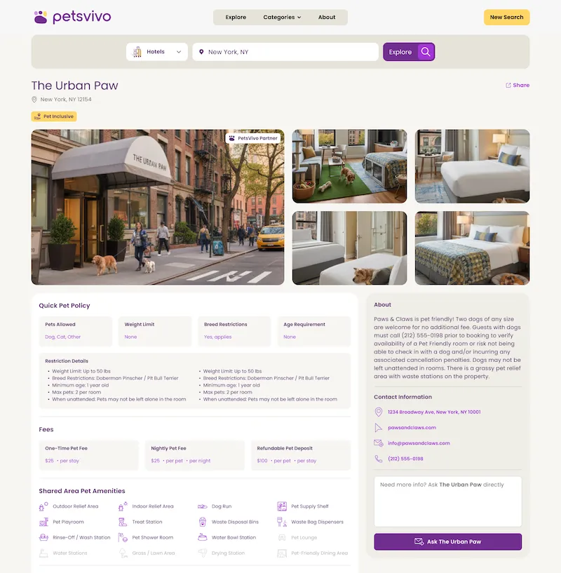 The Urban Paw property page on PetCompass: a photo gallery, quick pet policy, restriction details, fees, shared-area amenities, and contact info
