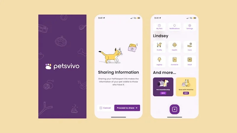 Three PetPassport app screens: the petsvivo splash, a Sharing Information screen, and a pet profile dashboard with Pet Guardianship and Save with PetsVivo cards