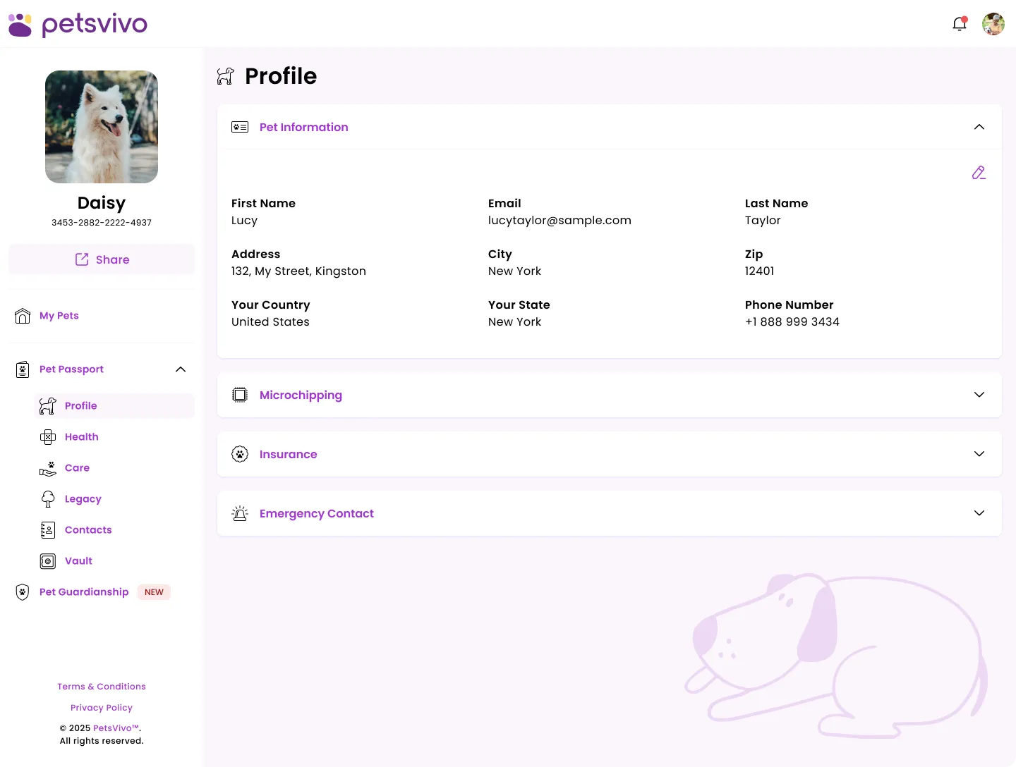 The PetPassport web dashboard showing Daisy's profile: pet information, microchipping, insurance, and emergency contact, with Pet Passport and Pet Guardianship in the sidebar