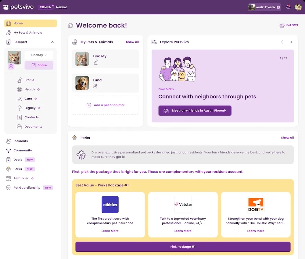 The PetsVivo resident benefits dashboard: welcome banner, my pets, a Connect with neighbors card, and a complimentary perks package with Nibbles, Vetster, and DOGTV