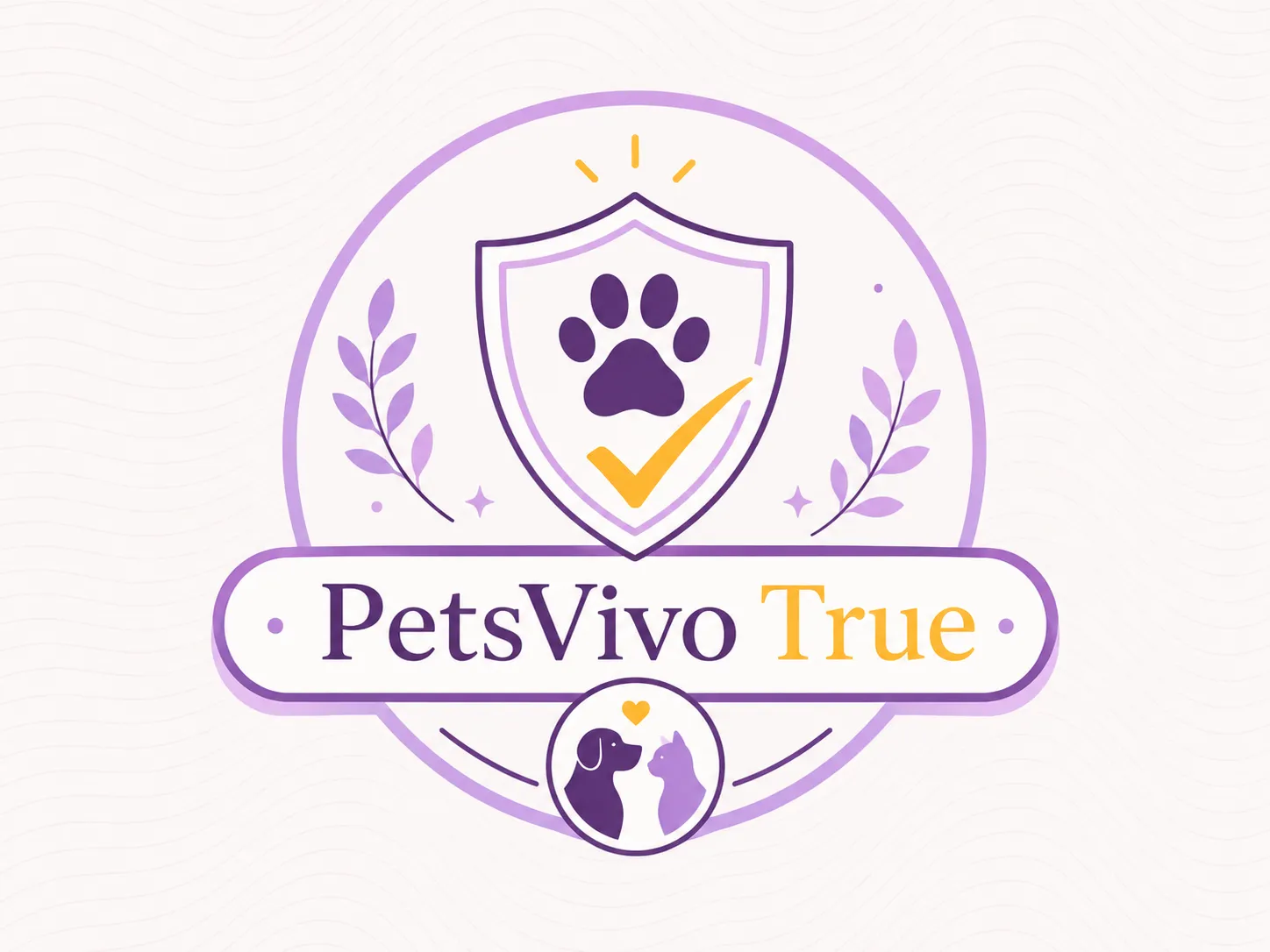 The PetsVivo True emblem: a paw-print shield with a checkmark, laurels, and a dog-and-cat mark