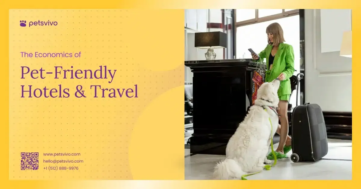The Economics of Pet-Friendly Hotels & Travel — PetsVivo report cover with a guest and their dog checking into a hotel